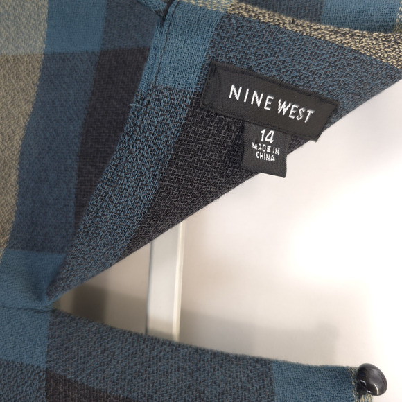 Nine West Shift Dress Plaid Gray Teal Belted Pedal Sleeves Women 14 Academia - Picture 11 of 15